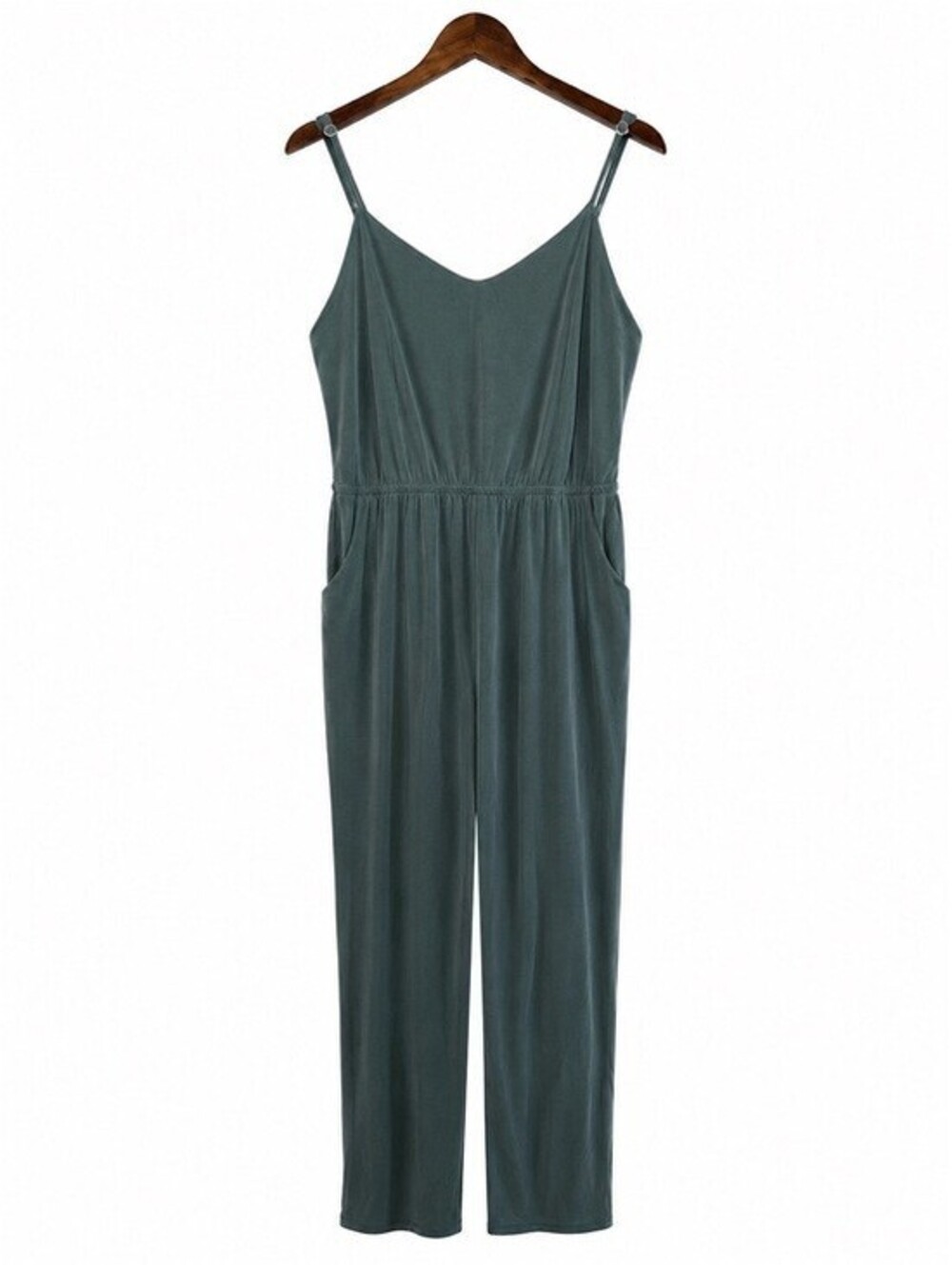 C by Cubic Sage Green Sleeveless V-Neck Jersey Knit Jumpsuit Pockets XL